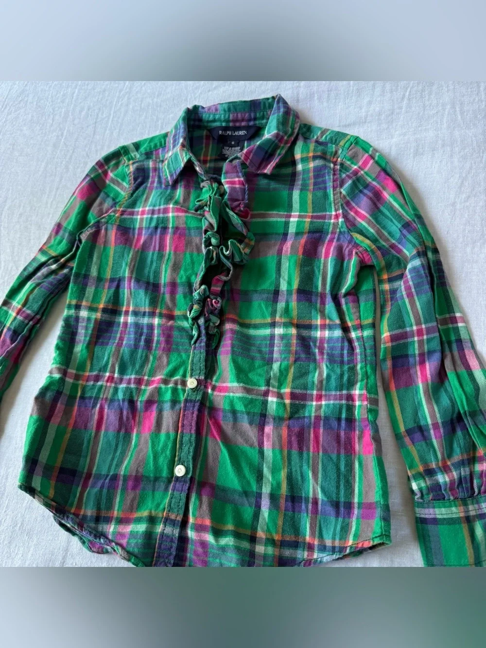 Ralph Lauren Green Plaid Ruffle-Front Button-Down Shirt Size 6